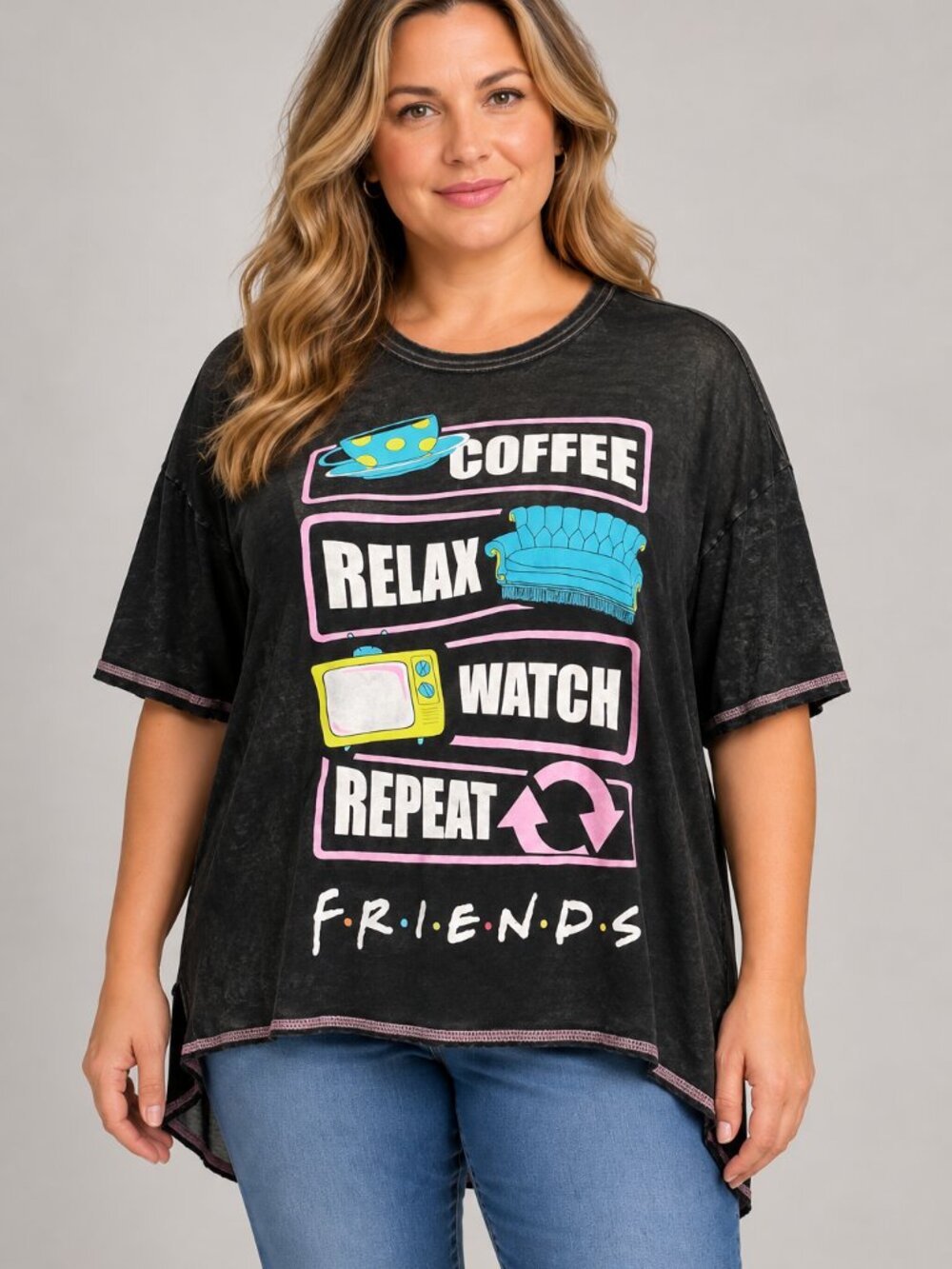 Friends TV Show XS Gray Stone Oversized Sleep Shirt Coffee Relax Watch Repeat